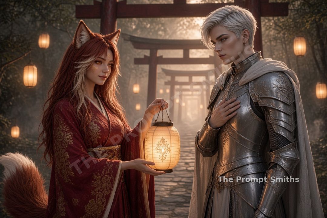 Demo characters Sable and Rowan on a lantern-lit forest path