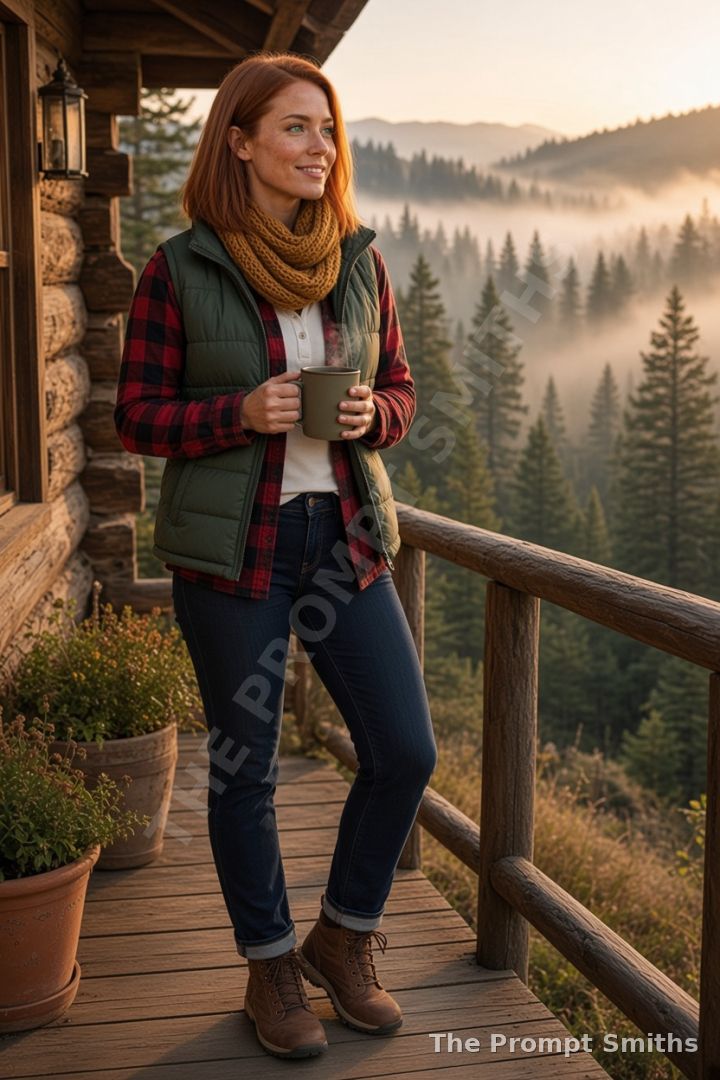 Demo character Juniper in a plaid flannel shirt, puffer vest and mustard scarf holding a mug on a misty cabin porch