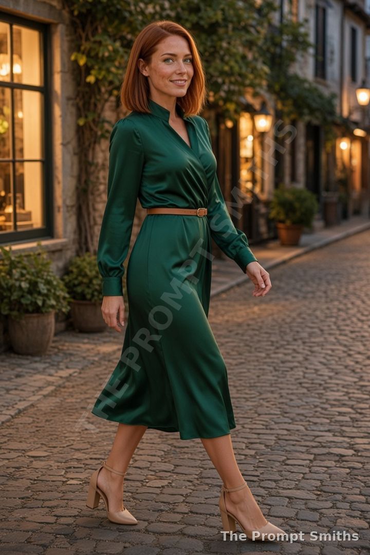 Demo character Juniper in an emerald satin wrap dress walking down a cobblestone street in the evening