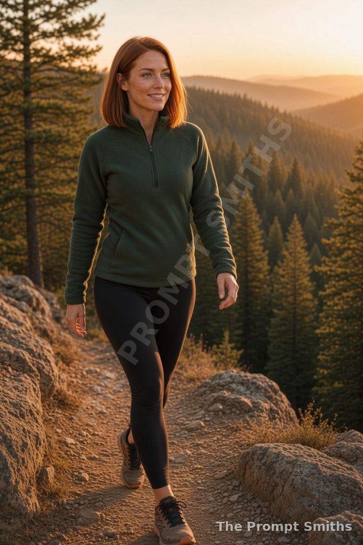 Demo character Juniper walking a mountain trail at golden hour