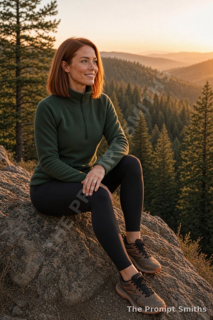 Demo character Juniper seated on a rock above a pine valley