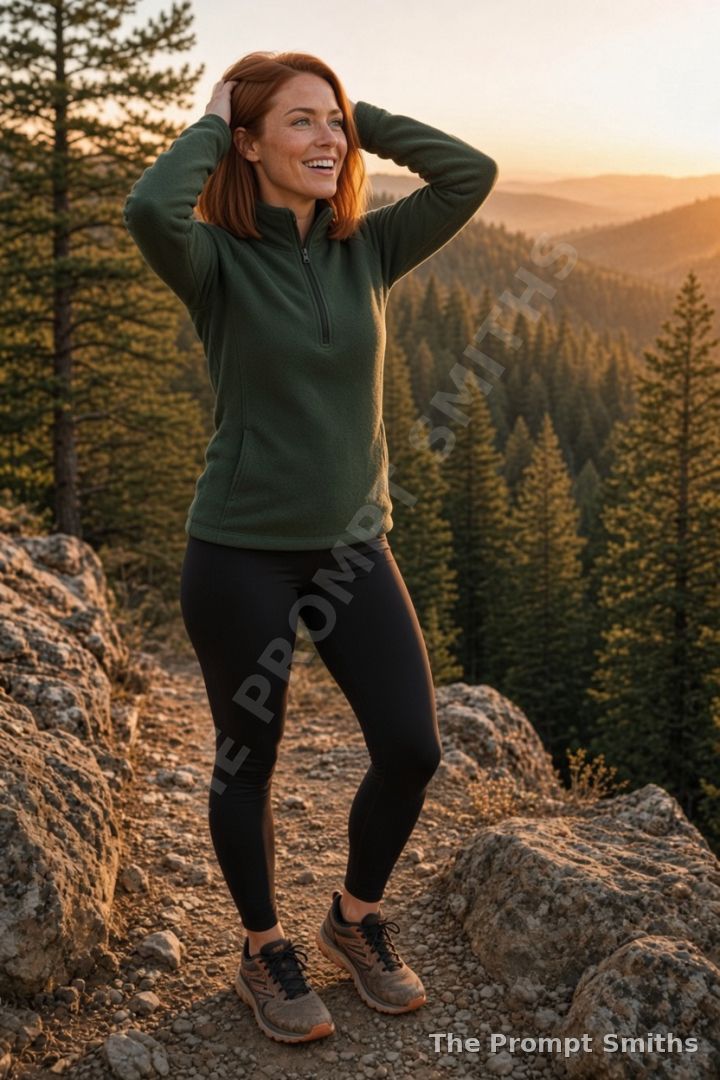 Demo character Juniper laughing on the trail, hands in her hair