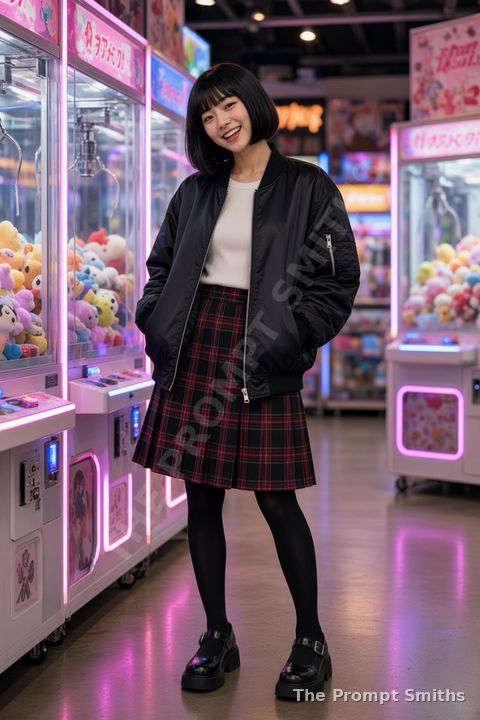 Demo character Mika in a black satin bomber jacket and plaid skirt in a neon-lit arcade