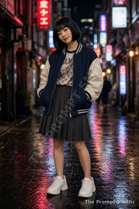 Demo character Mika in a varsity jacket on a neon-lit street at night