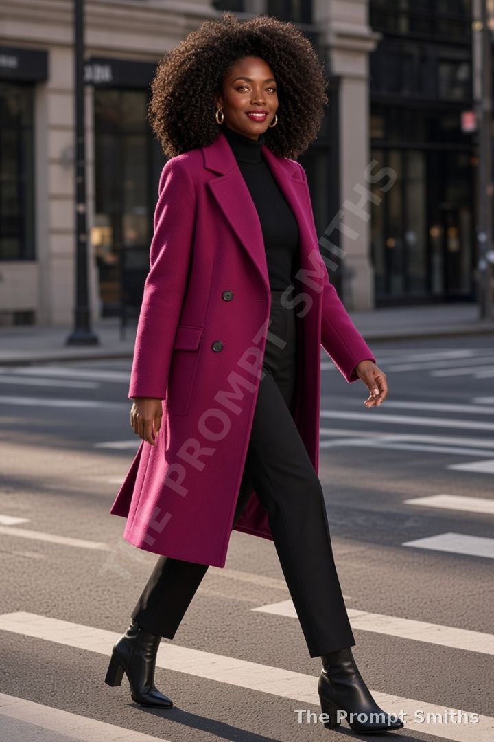 Demo character Nia in a magenta wool coat and black turtleneck walking across a city crosswalk