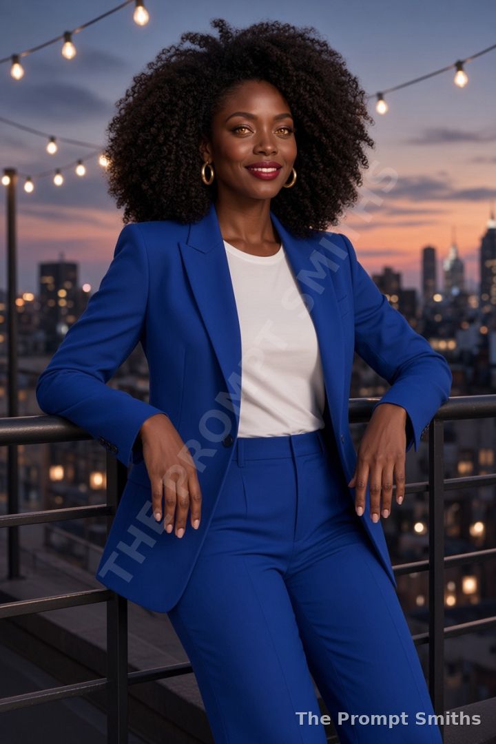 Demo character Nia in a cobalt suit on a rooftop at dusk