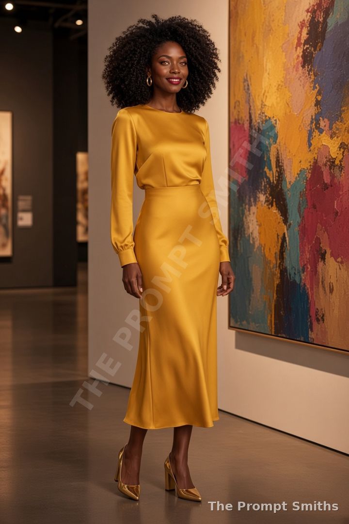 Demo character Nia in a saffron-yellow silk midi dress beside an abstract painting at a gallery opening