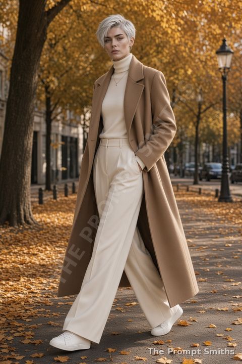 Demo character Rowan in a long camel coat and cream trousers on a leaf-covered autumn street
