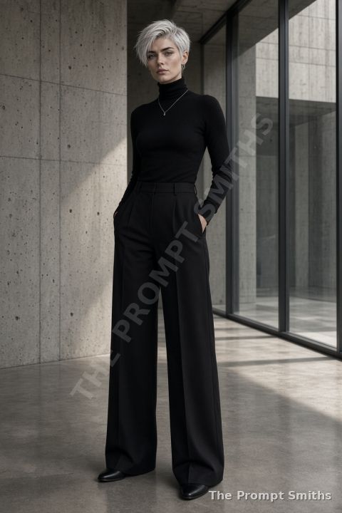 Demo character Rowan in black in a minimalist gallery