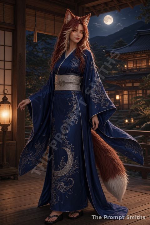 Fantasy demo character Sable in a midnight-blue silk gown with moon embroidery at a moonlit shrine