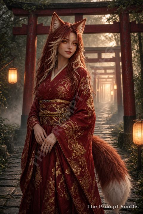 Fantasy demo character Sable in a crimson robe beneath torii gates