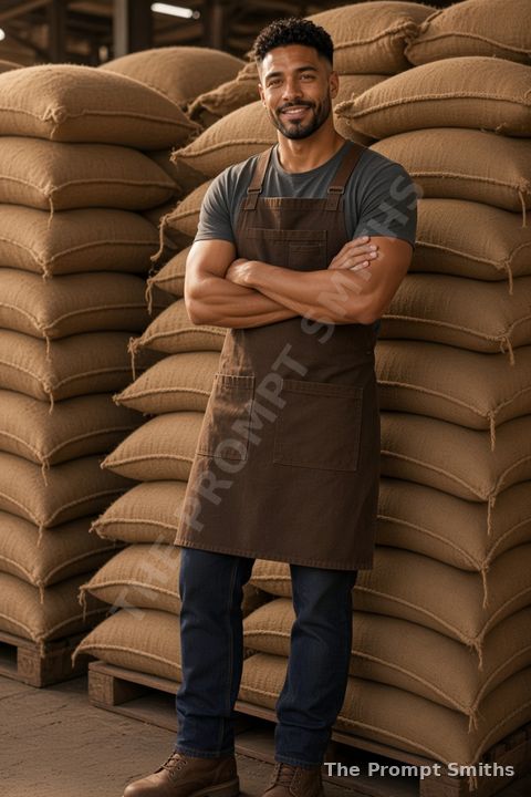 Demo character Theo in a canvas work apron, arms crossed, among stacked coffee sacks in a roastery