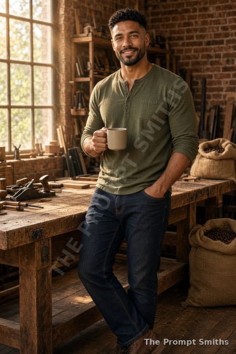 Demo character Theo holding a mug in a sunlit workshop