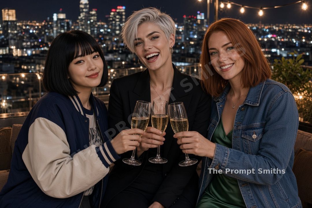 Three demo characters, Mika, Rowan and Juniper, toasting on a city rooftop at night